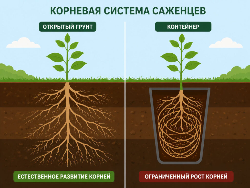 Преимущества выращивания в открытом грунте перед контейнерным методом